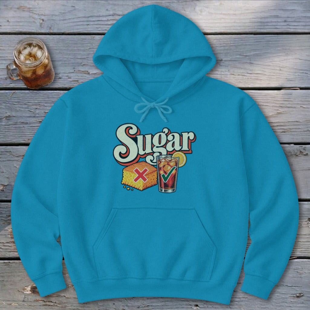 Bright blue hooded sweatshirt with a retro graphic reading Sugar, featuring cornbread with a red X and iced tea with a green checkmark.