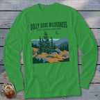 A green long-sleeved t-shirt featuring a Dolly Sods Wilderness landscape graphic on the chest.