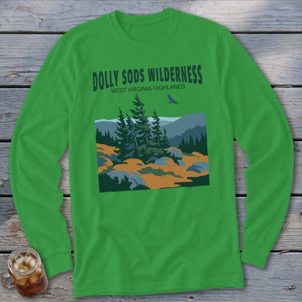 A green long-sleeved t-shirt featuring a Dolly Sods Wilderness landscape graphic on the chest.