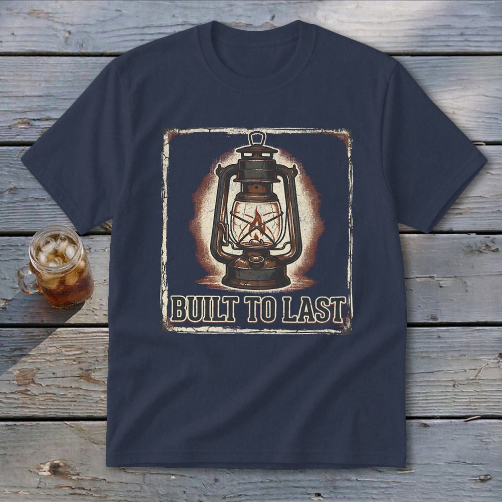 Navy t-shirt with vintage lantern graphic and "BUILT TO LAST" text.