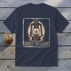Navy t-shirt with vintage lantern graphic and "BUILT TO LAST" text.