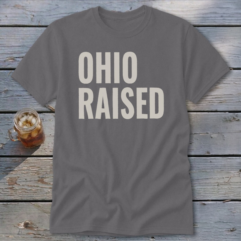 Grey t-shirt with white text "OHIO RAISED" and a glass of iced tea.