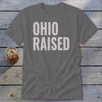 Grey t-shirt with white text "OHIO RAISED" and a glass of iced tea.