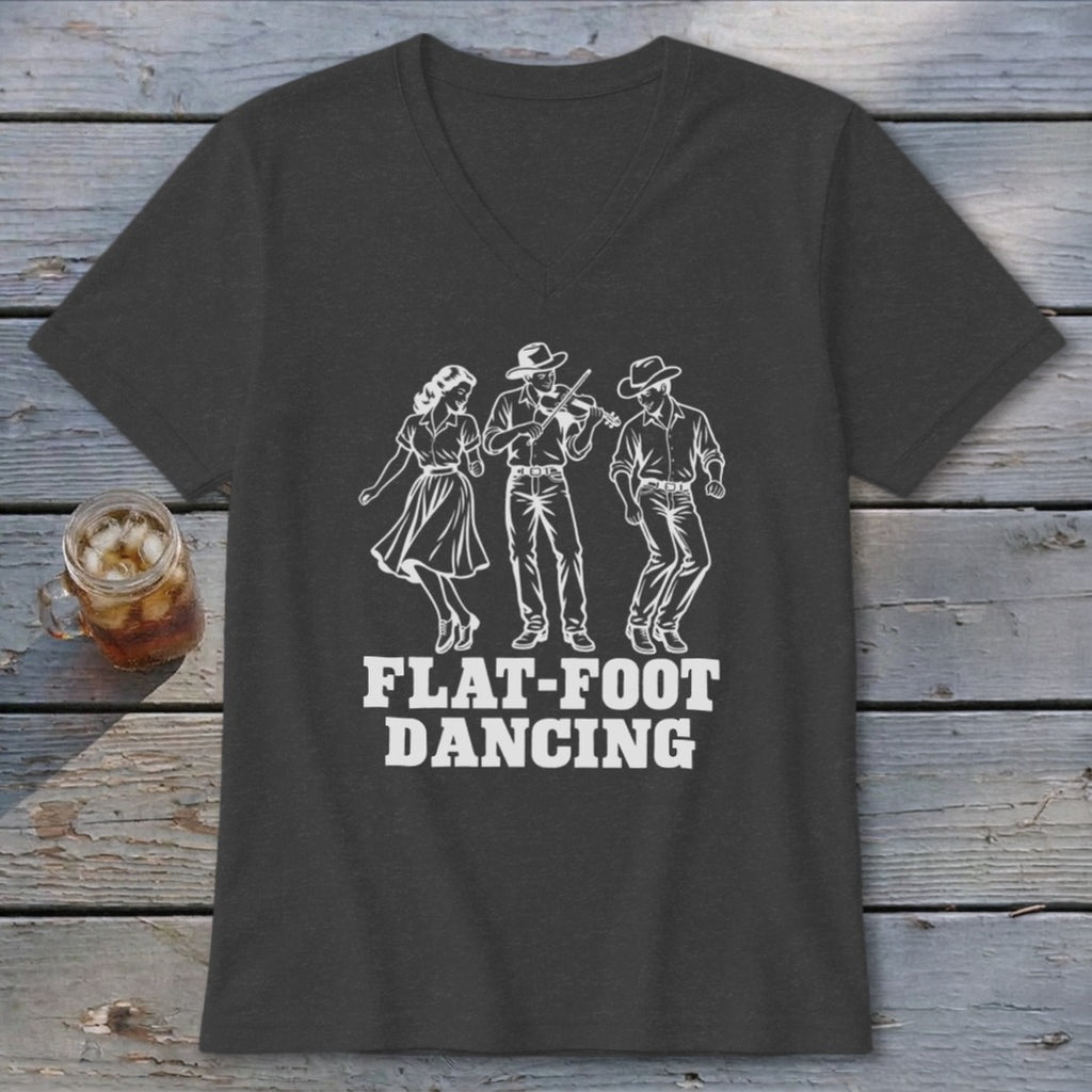 Dark t-shirt with white graphic of three people dancing and text "FLAT-FOOT DANCING".