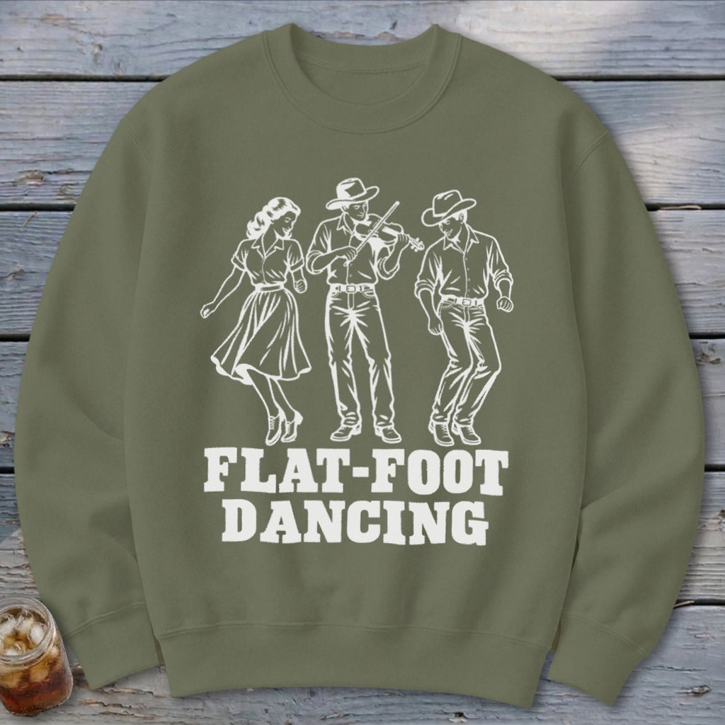 Olive sweatshirt with white line art of three people dancing and text "FLAT-FOOT DANCING".