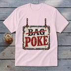 A light pink crewneck t-shirt featuring a vintage wooden sign with the text BAG POKE.