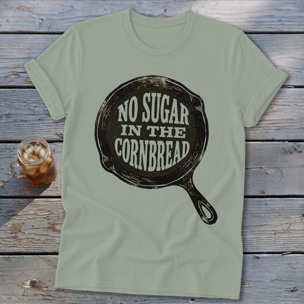 Light green t-shirt with a graphic of a cast iron skillet and the text "No Sugar In The Cornbread".