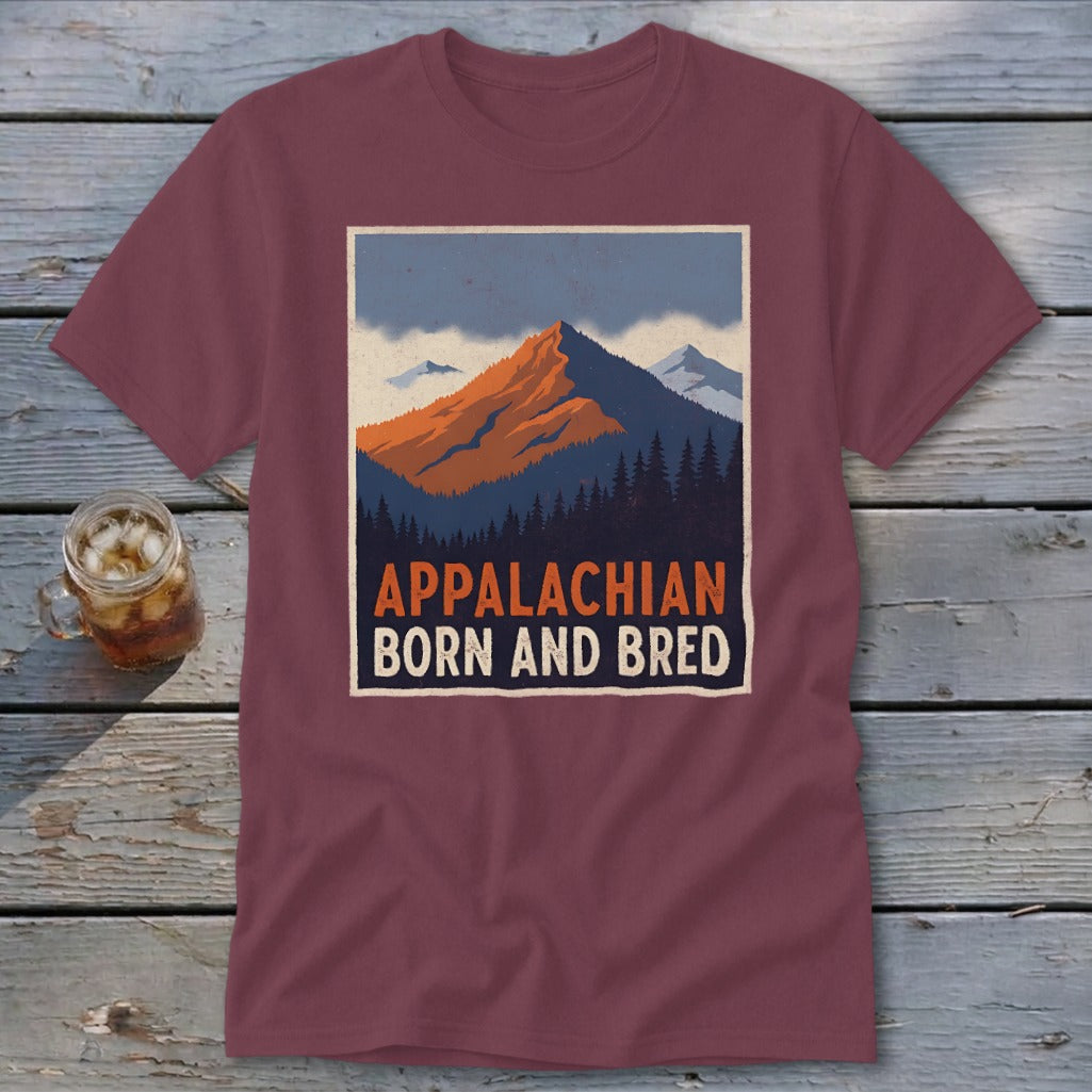 Maroon t-shirt featuring a retro mountain graphic with the text Appalachian Born and Bred.