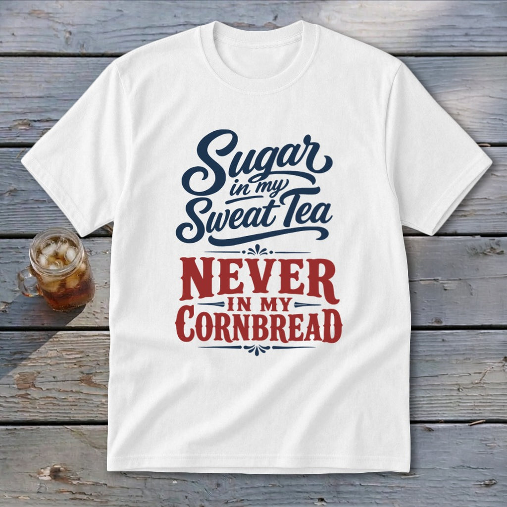 A white short-sleeved t-shirt with blue and red text that reads Sugar in my Sweat Tea NEVER IN MY CORNBREAD rests on a wooden surface beside a glass of iced tea.