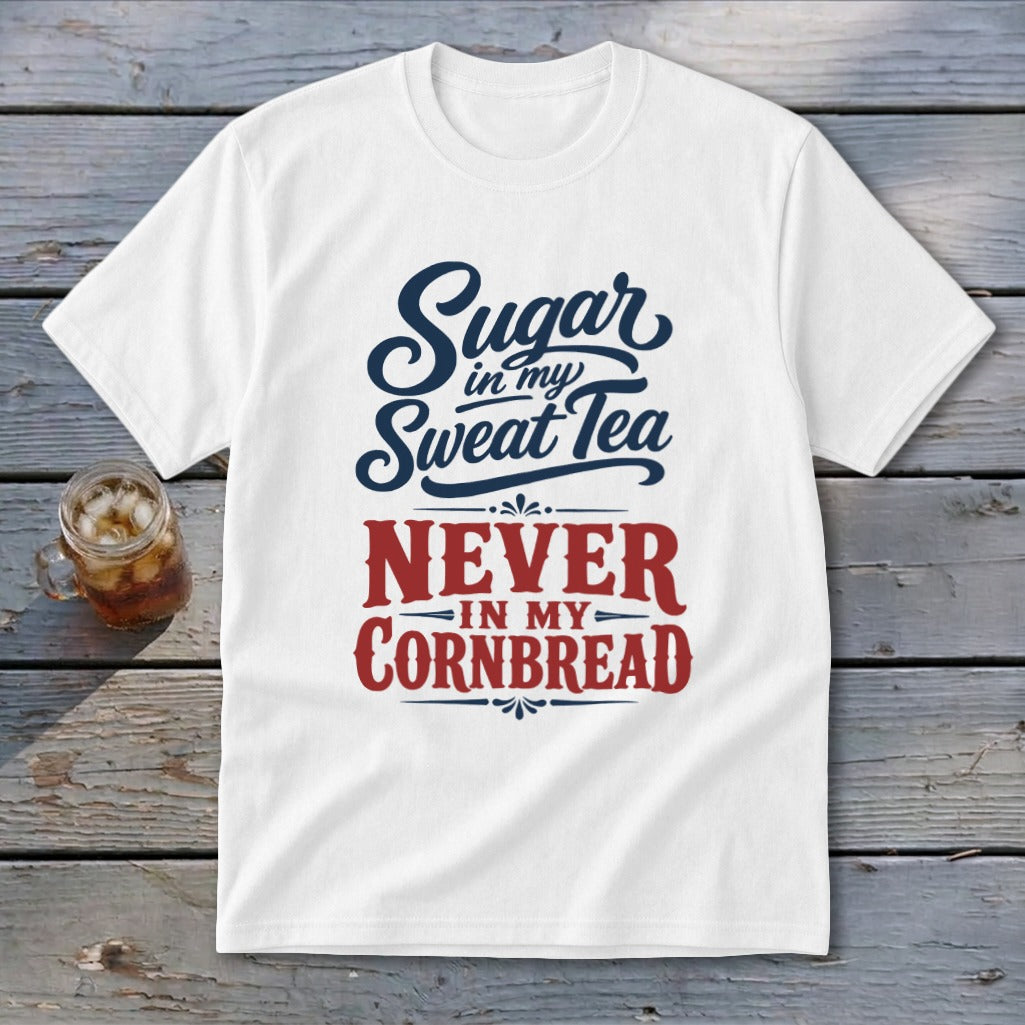 A white short-sleeved t-shirt with blue and red text that reads Sugar in my Sweat Tea NEVER IN MY CORNBREAD rests on a wooden surface beside a glass of iced tea.