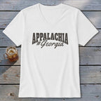 White v-neck t-shirt with "APPALACHIA #Georgia" text.