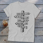 Light gray t-shirt with a black graphic of a wooden signpost pointing in different directions.