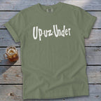 Green Comfort Colors t-shirt with white "Up-uz-Under" text and a mason jar drink.