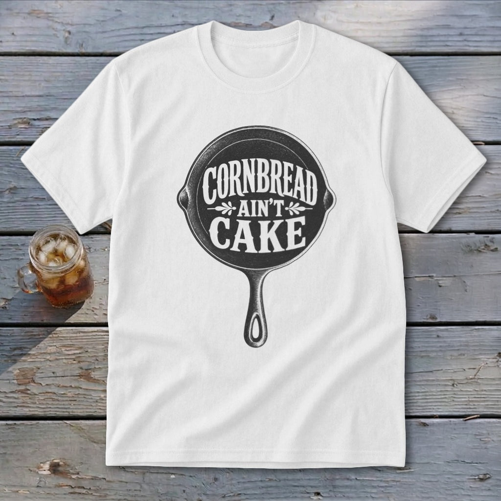 White t-shirt with "Cornbread Ain't Cake" text inside a cast iron skillet graphic.