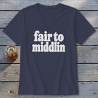 Navy v-neck t-shirt with white text reading "fair to middlin".