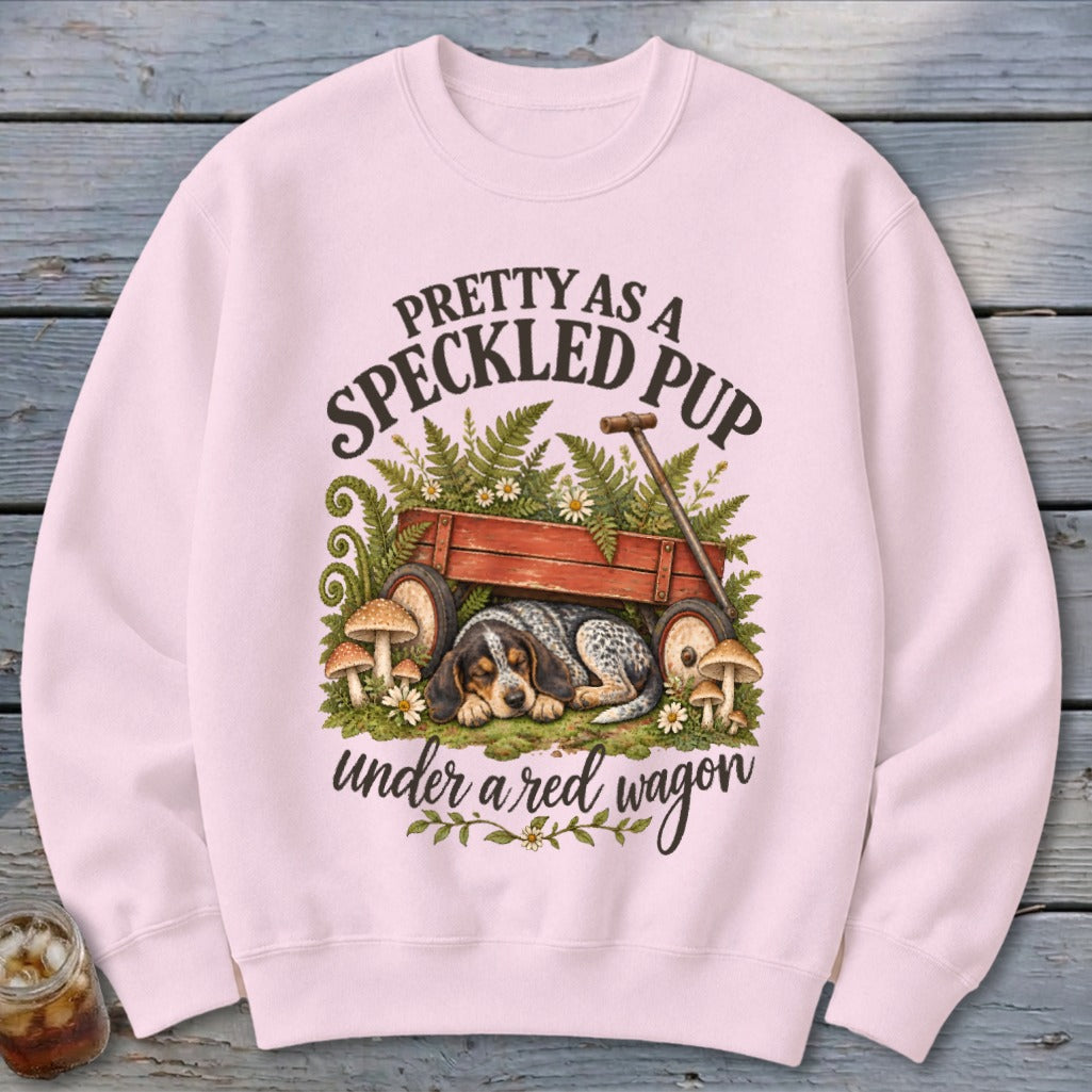 Sweatshirt with a spotted puppy sleeping under a red wagon.
