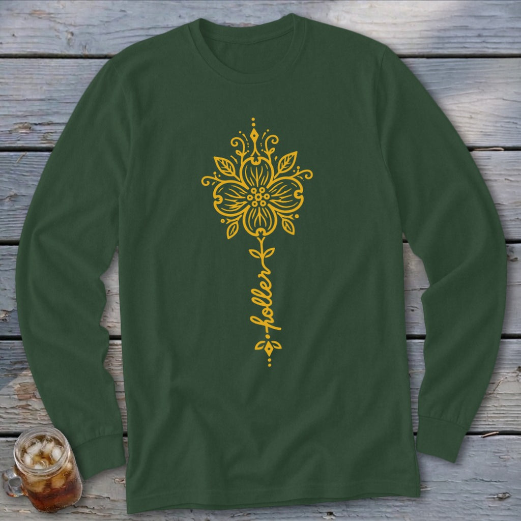 Green long-sleeve shirt with yellow flower and "holler" text.