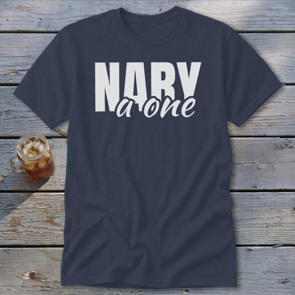 Navy t-shirt with white text "NARY a one" and a glass of iced tea.