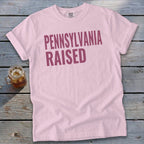 Pink Comfort Colors t-shirt with "PENNSYLVANIA RAISED" text in maroon.