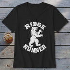 Black v-neck t-shirt with white bear and "RIDGE RUNNER" text.