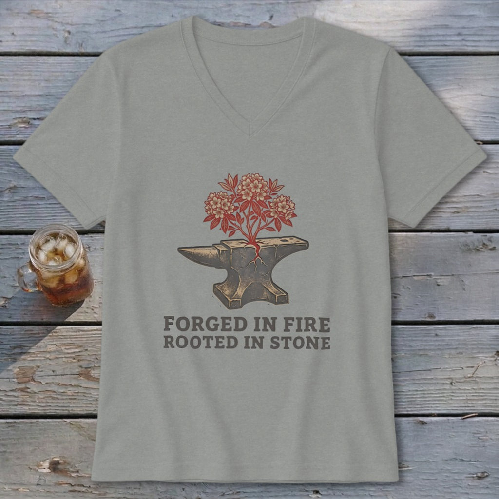 Gray t-shirt with an anvil, red flowers, and text "FORGED IN FIRE ROOTED IN STONE".
