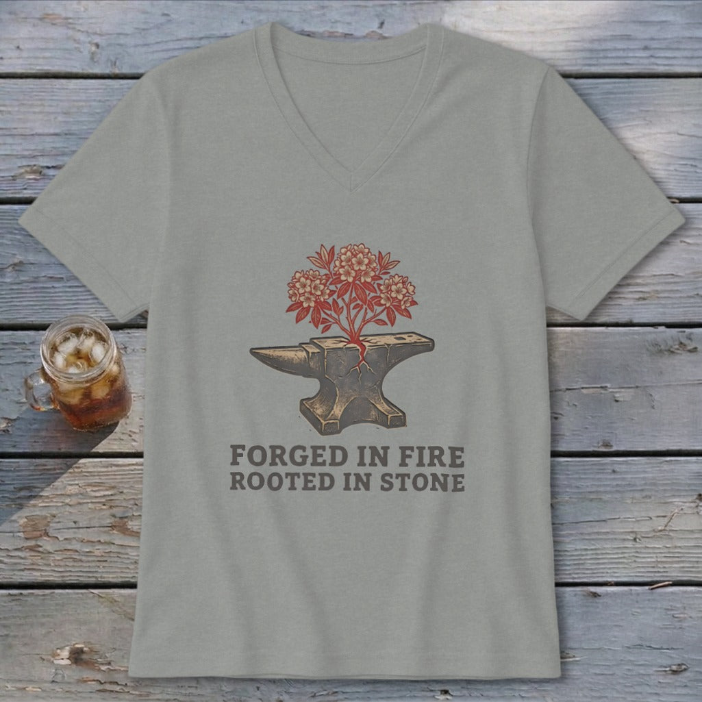 Gray t-shirt with an anvil, red flowers, and text "FORGED IN FIRE ROOTED IN STONE".