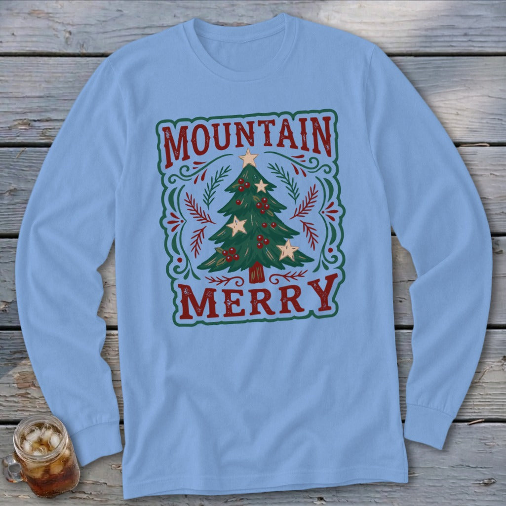 Light blue long-sleeve t-shirt with a vintage Christmas tree graphic and the text Mountain Merry.