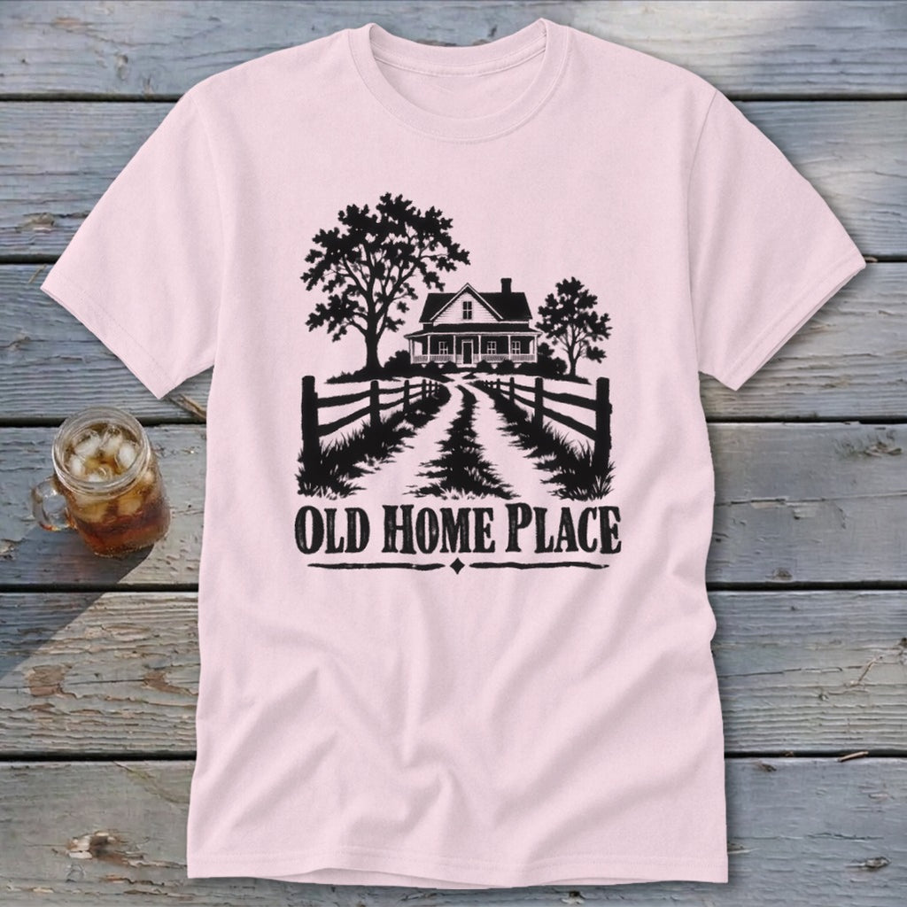 Light pink t-shirt with black graphic of a farmhouse, trees, and "OLD HOME PLACE" text.
