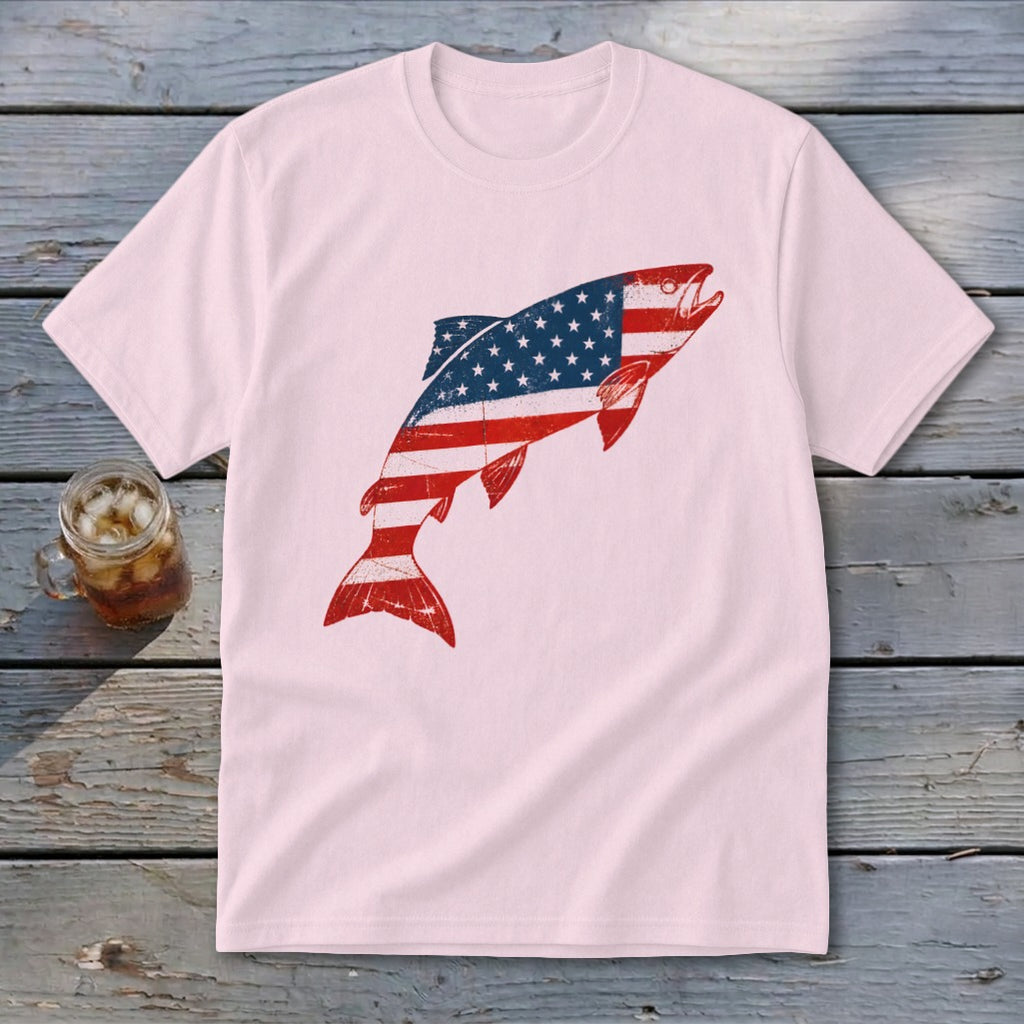 Light pink short-sleeve t-shirt featuring a jumping fish graphic filled with an American flag pattern.