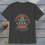 Dark gray V-neck t-shirt featuring a graphic of a winter hat and the text A Toboggan Is For My Noggan.