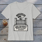 A light gray V-neck t-shirt with a black graphic of a porch and WiFi signal text.