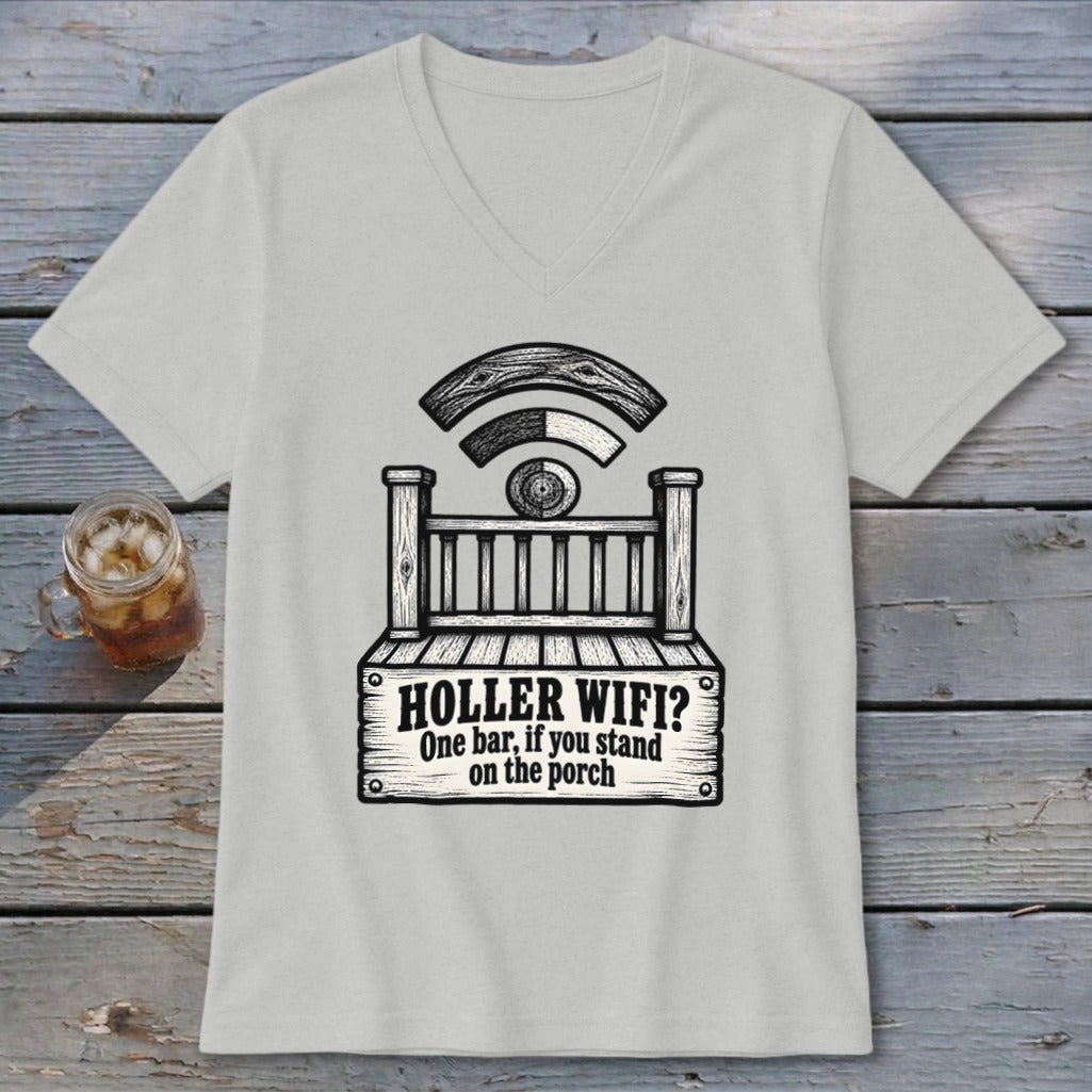 A light gray V-neck t-shirt with a black graphic of a porch and WiFi signal text.
