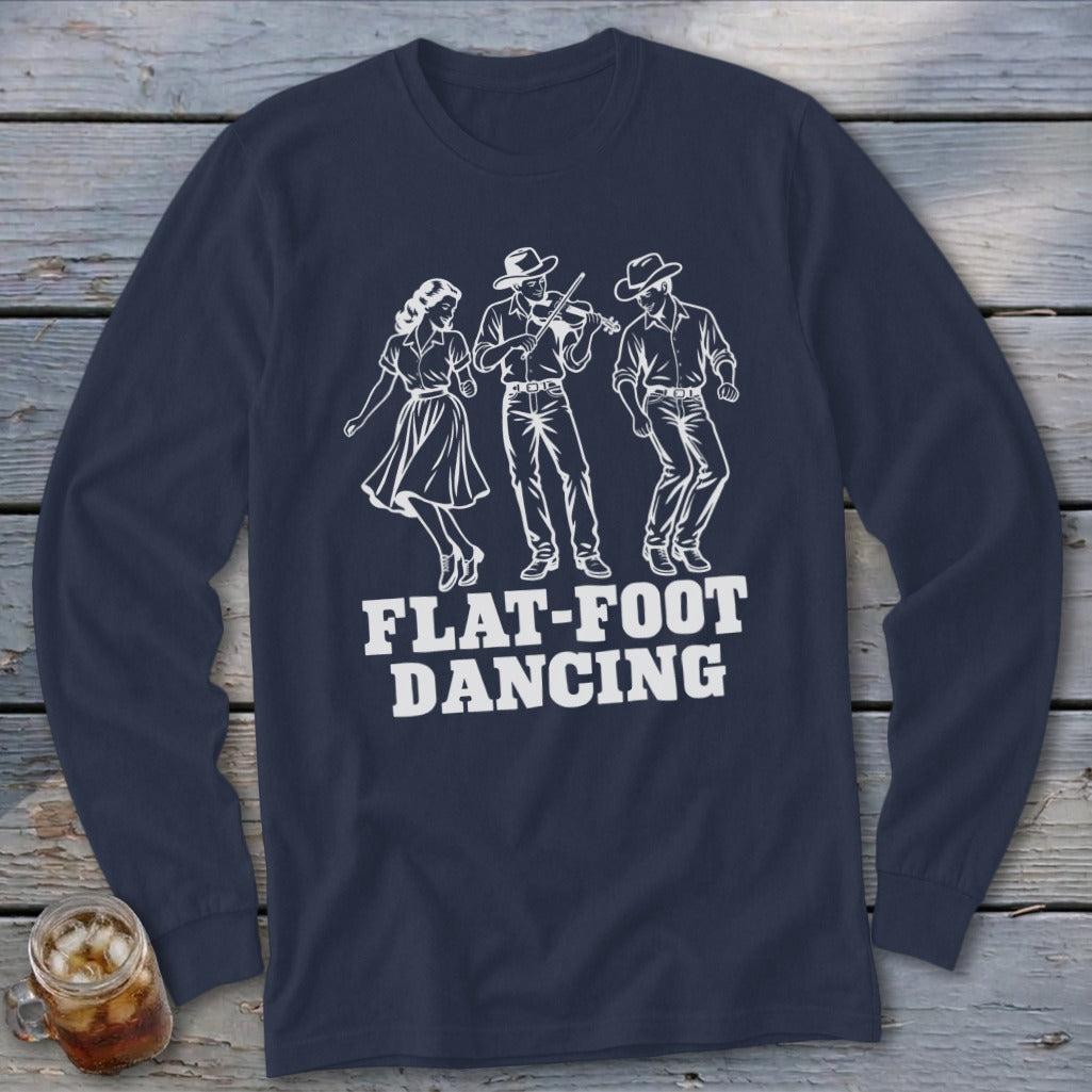 Navy long sleeve shirt with white line art of three people dancing and text "FLAT-FOOT DANCING".