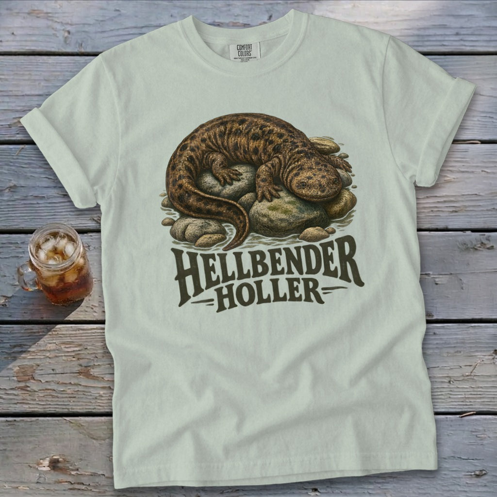 Light green t-shirt with a hellbender graphic and "HELLBENDER HOLLER" text.