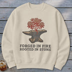 Cream sweatshirt with anvil graphic and text "FORGED IN FIRE ROOTED IN STONE".