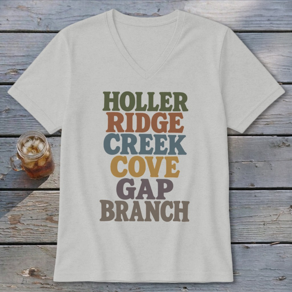 Light gray V-neck t-shirt featuring stacked multicolored text reading Holler Ridge Creek Cove Gap Branch.