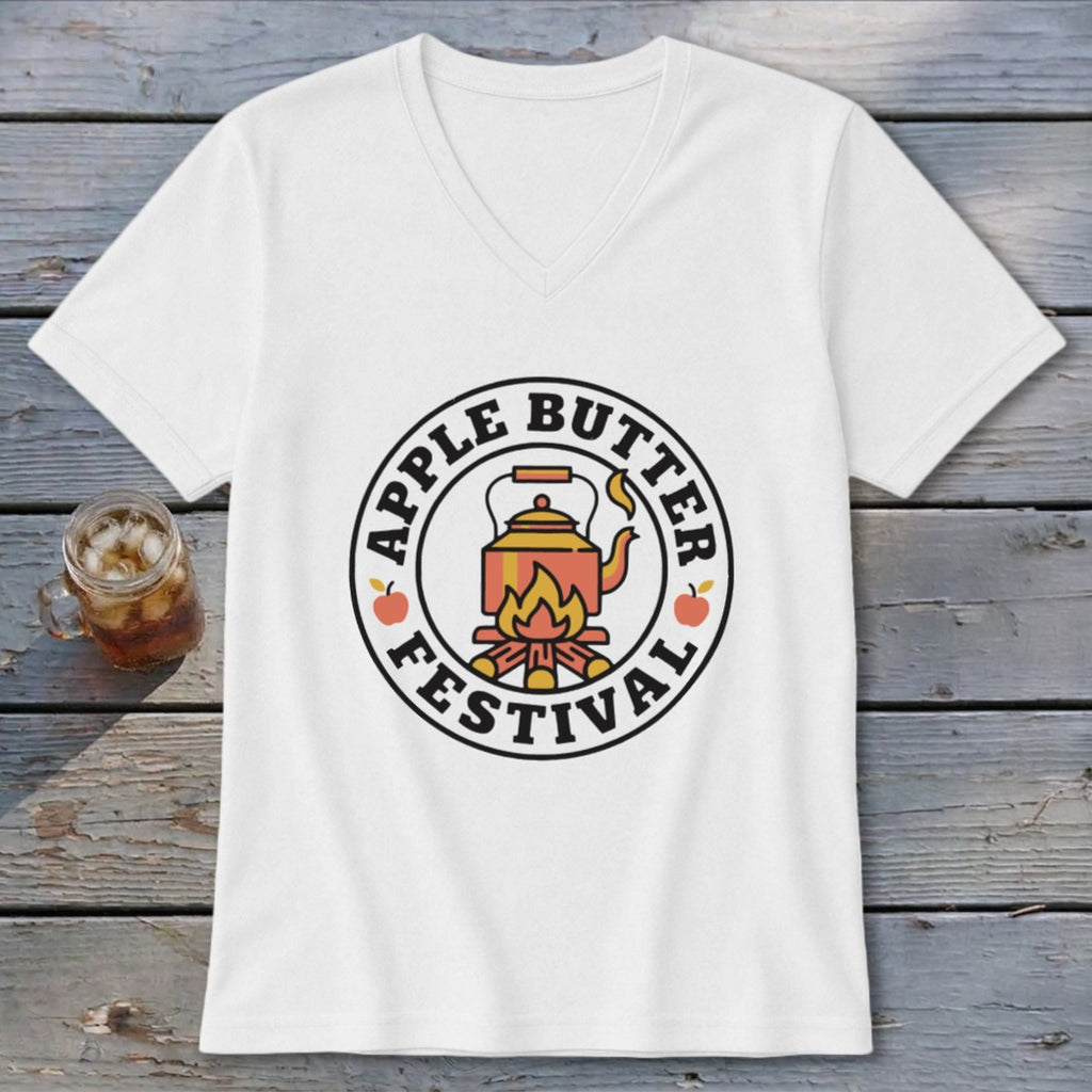 White t-shirt with a circular Apple Butter Festival logo featuring a steaming kettle over a campfire.