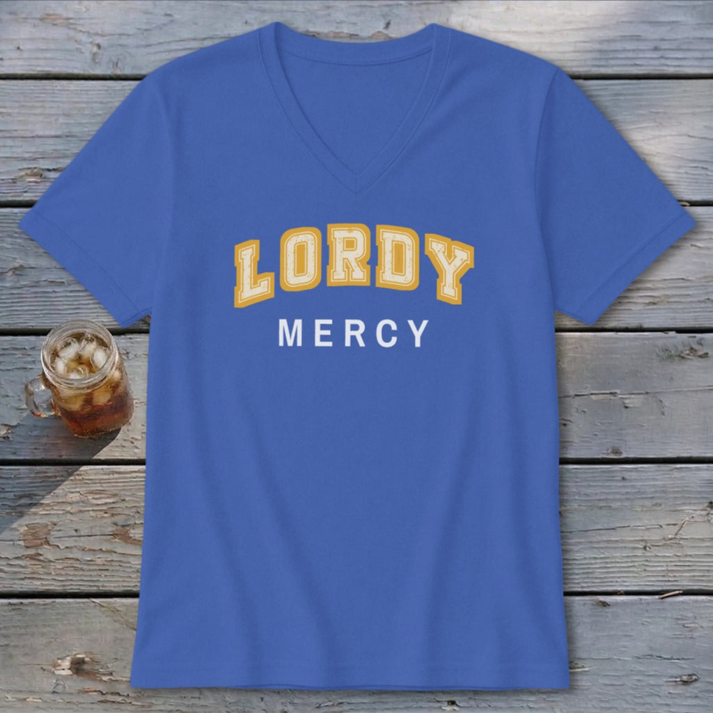 Blue v-neck t-shirt with "LORDY MERCY" text in yellow and white.