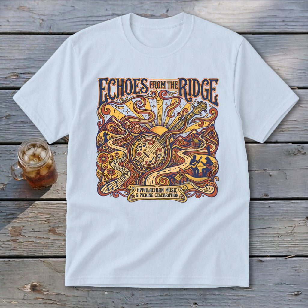 Light blue t-shirt with "Echoes From The Ridge" and Appalachian music artwork.