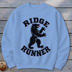 Light blue sweatshirt with black "RIDGE RUNNER" text and a black bear graphic.