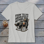Light gray V-neck t-shirt featuring a graphic of a relaxed bear in a rocking chair with text.