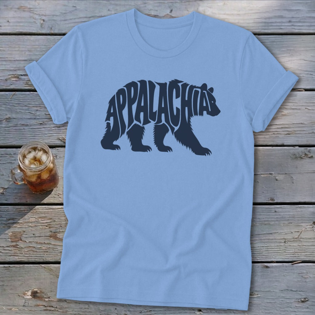 Light blue crewneck t-shirt with a dark silhouette of a walking bear containing the word Appalachia.