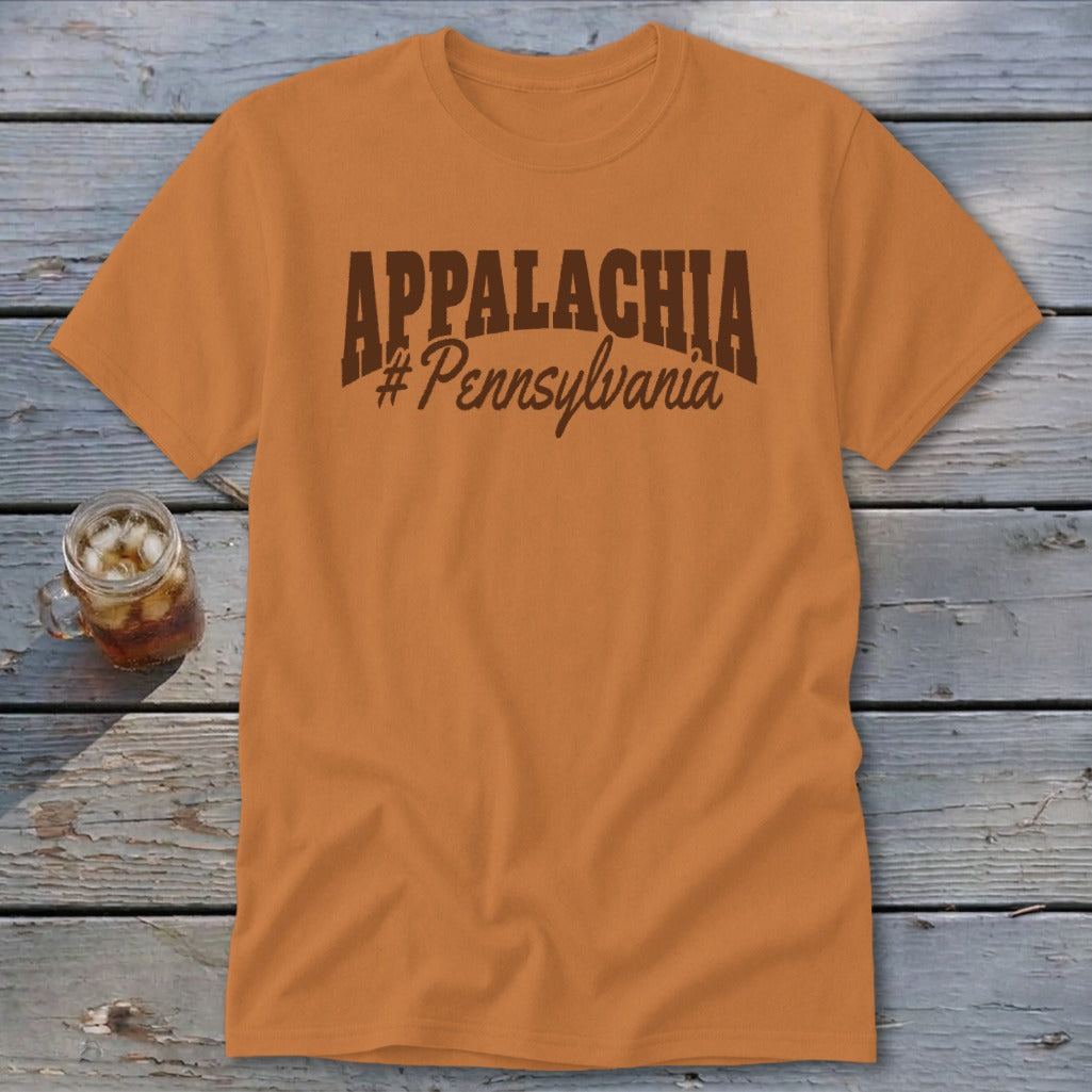 Orange t-shirt with "APPALACHIA #Pennsylvania" text in brown.