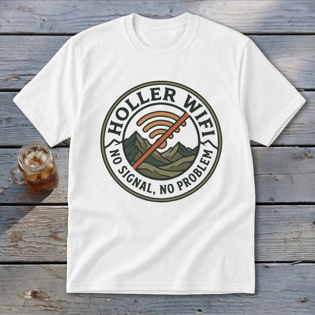 White t-shirt with circular graphic: "Holler Wifi No Signal, No Problem"