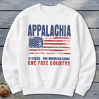 White crewneck sweatshirt featuring a distressed American flag graphic with the text Appalachia, 13 States, One Mountain Range, One Free Country.