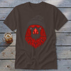 Brown t-shirt with a red cardinal wearing a dark beanie graphic.