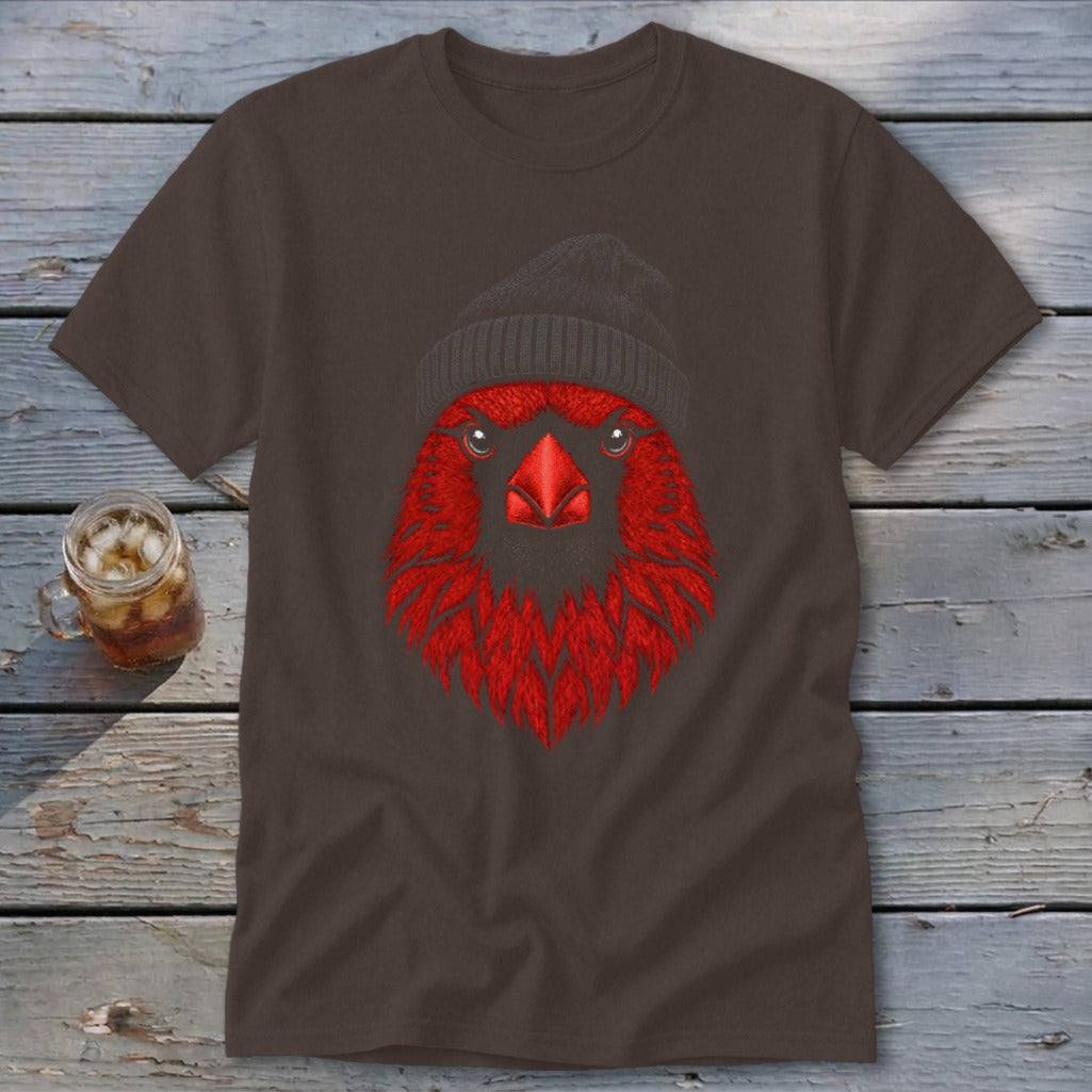Brown t-shirt with a red cardinal wearing a dark beanie graphic.