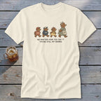 Cream t-shirt with graphic of mama bear and four cubs, saying "No matter how you say it, you're still my babies."