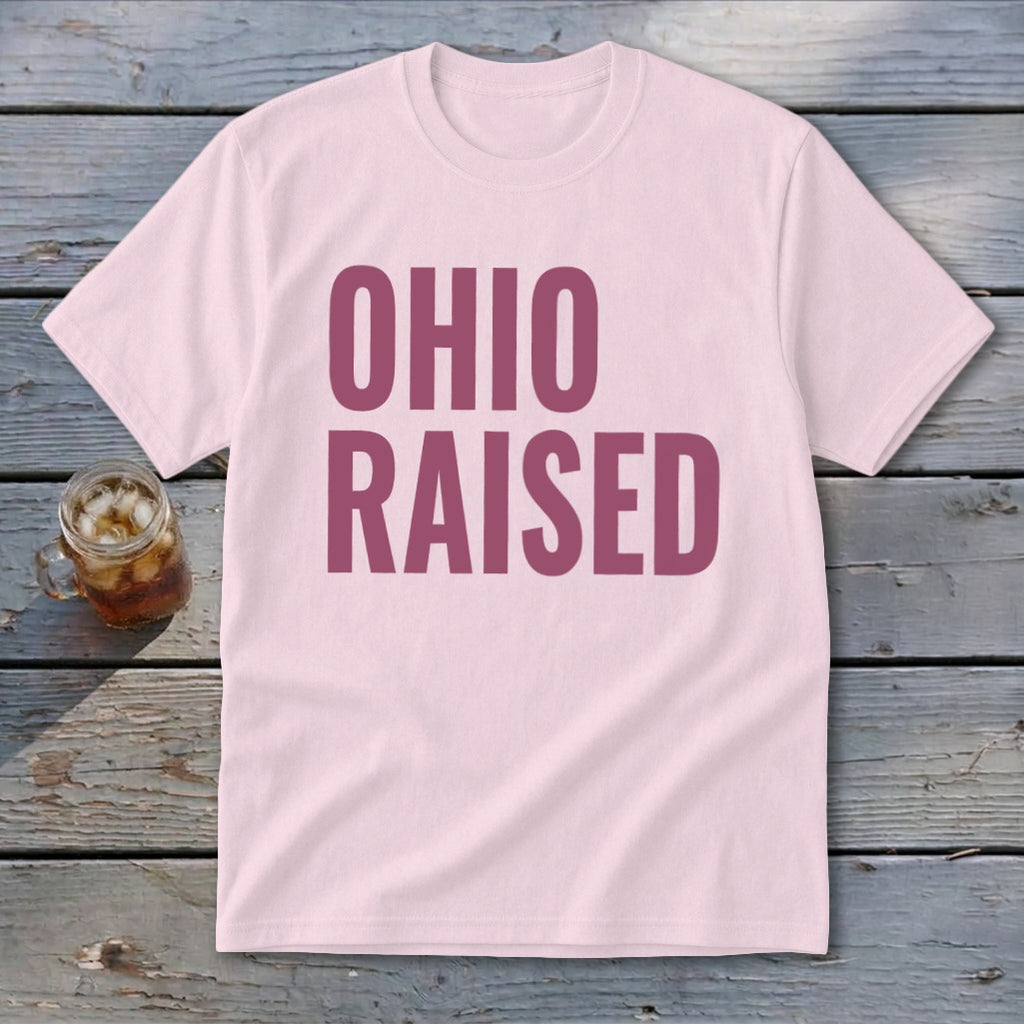 Light pink t-shirt with "OHIO RAISED" text in maroon.