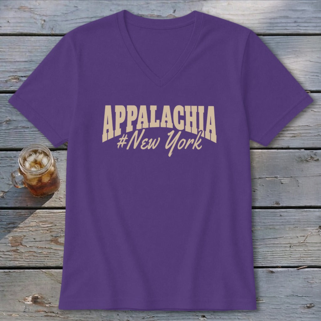 Purple v-neck t-shirt with "APPALACHIA #New York" text.